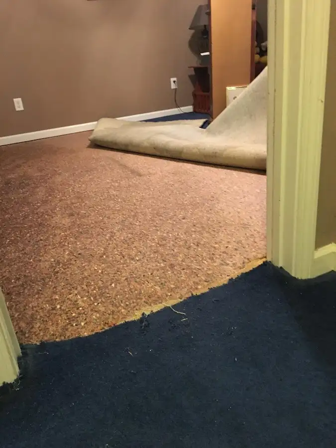Carpet pad removal revealing water damage during Water Mitigation Services in Woodruff